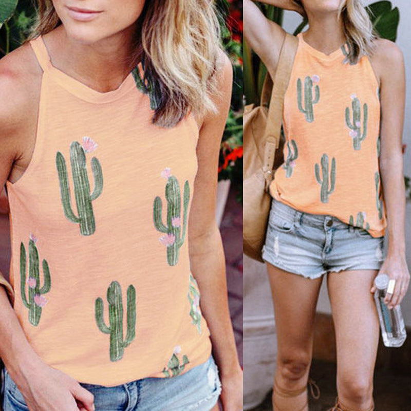 Summer Cactus Print Women T Shirt Casual Halter Harajuku Women TShirt Tops Tees Female Shirts Camiseta Women Tops ARZ