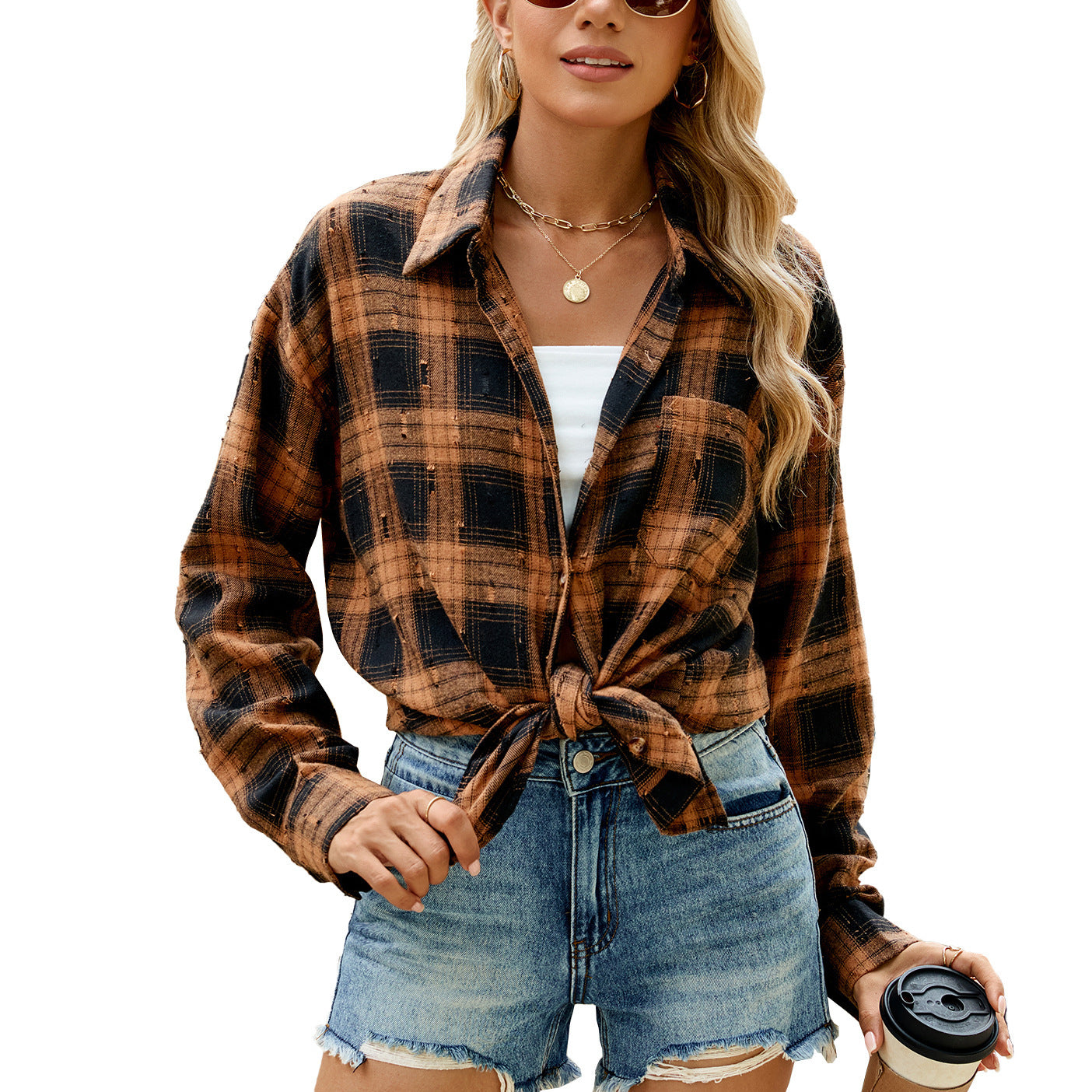 Fashion Retro Long Sleeve Loose Lapels Plaid Women ARZ