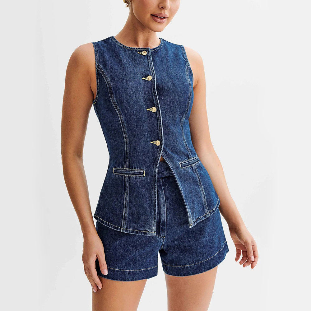 Fashion Denim Suit Summer Casual Sleeveless Button Vest Top And High Waist Shorts Set For Womens Clothing ARZ