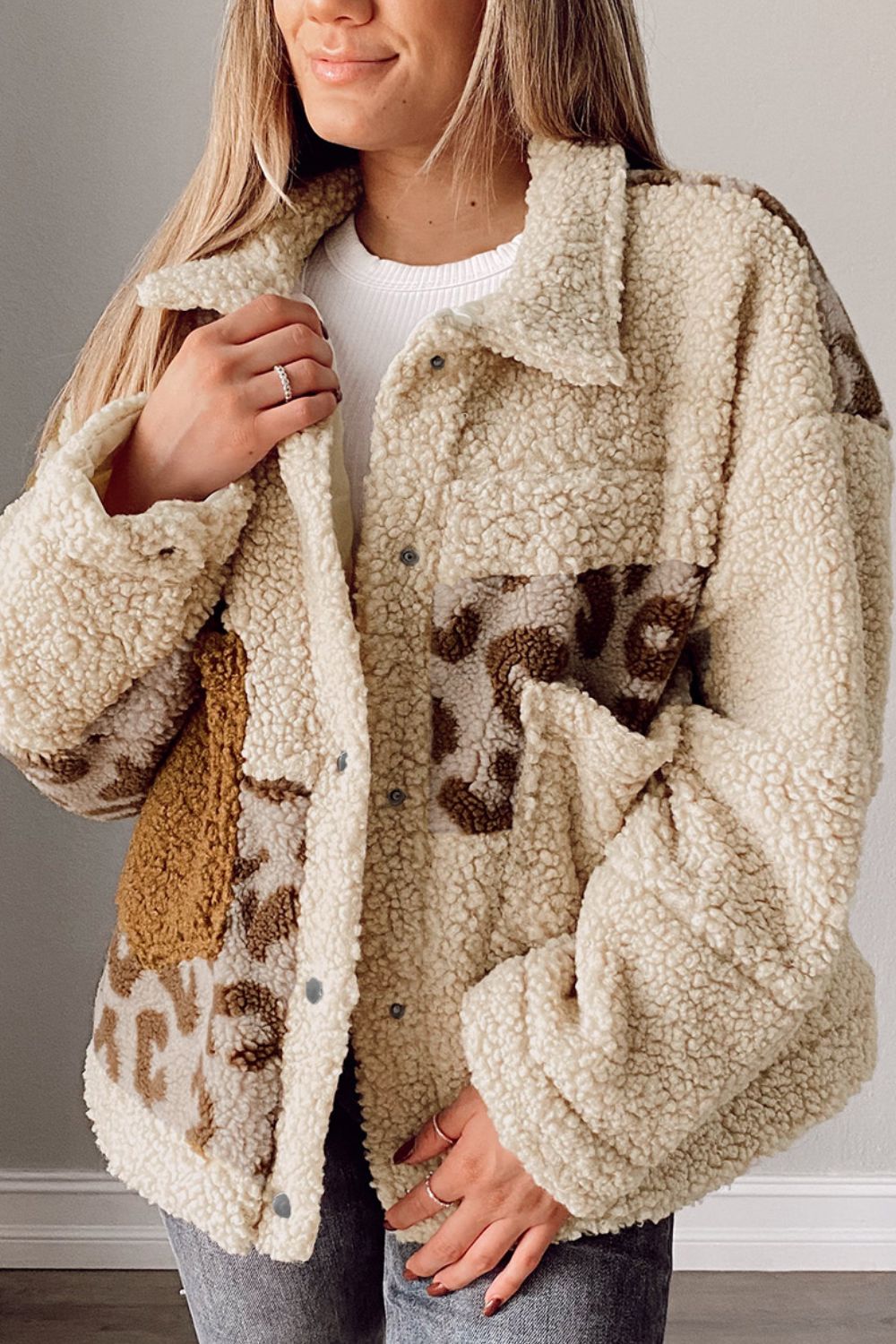 Pocketed Leopard Collared Neck Sherpa Jacket Trendsi