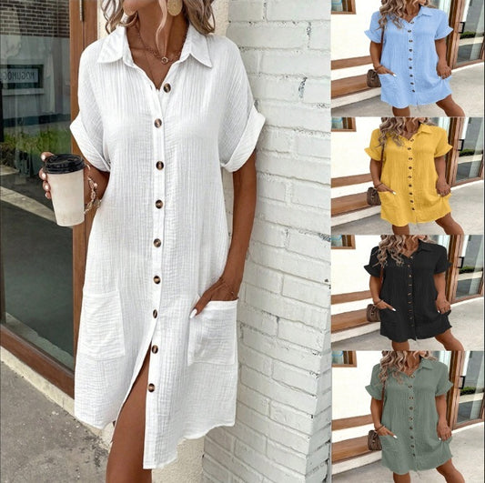 Summer Short Sleeve Shirt Dress Fashion Solid Color Single-breasted Mid-length Loose Dress ARZ