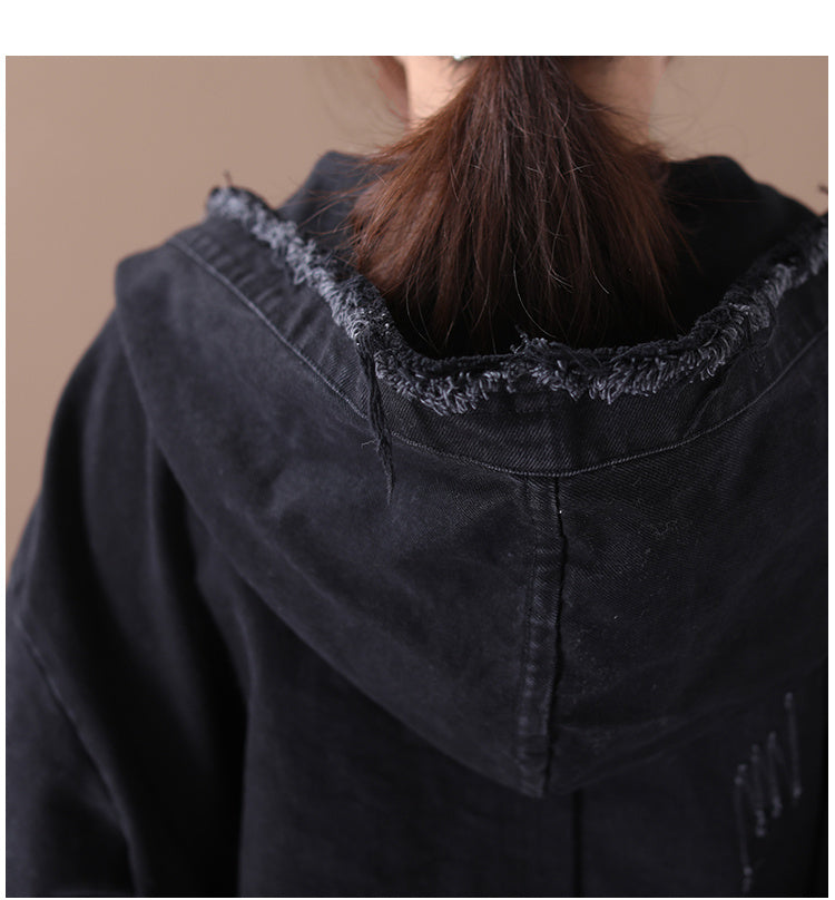 Korean style loose large size literary hooded raw edge washed distressed denim short jacket ARZ