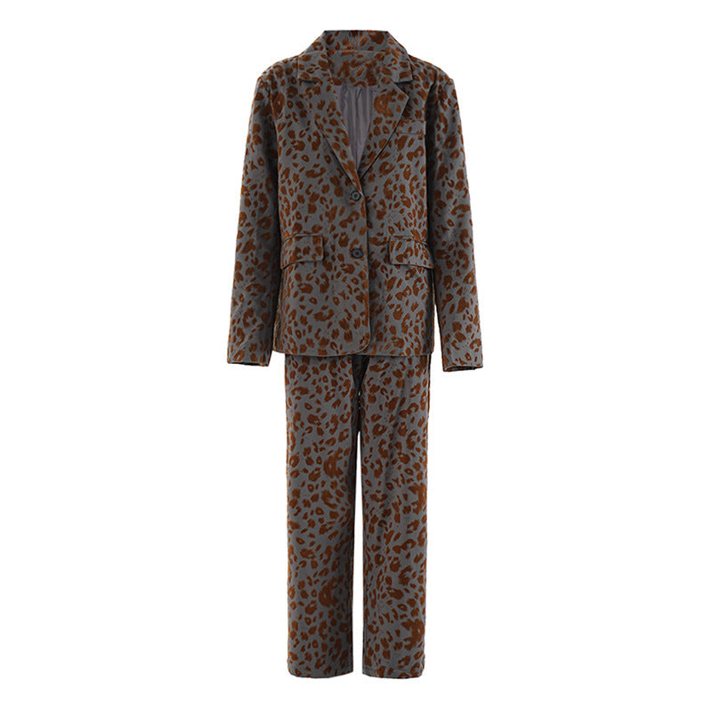 Leopard Print Casual High-end Temperament Suit Wide Leg Pants Two-piece Suit ARZ