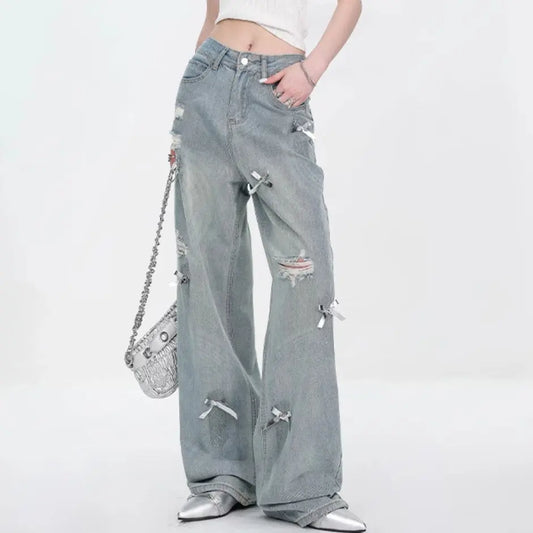 Women's Bow Wide Leg Retro Ripped Straight Jeans ARZ