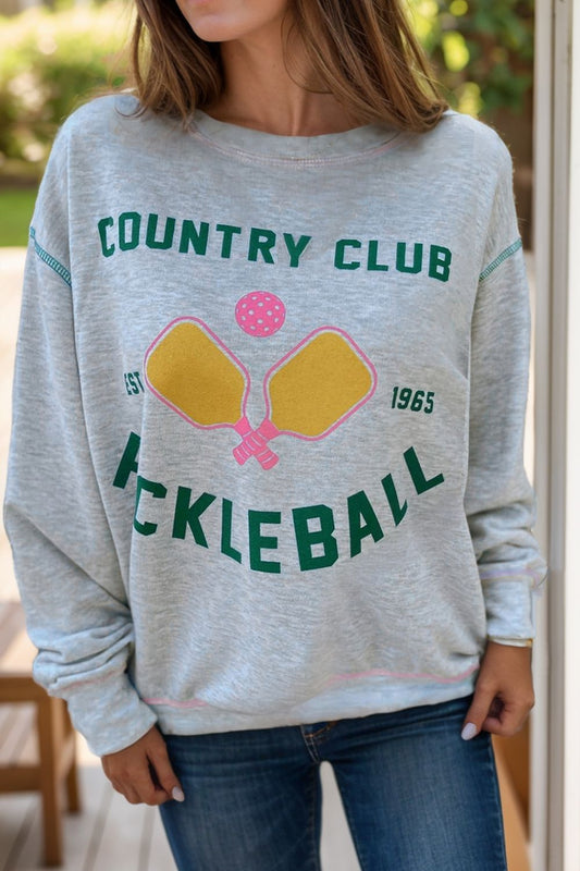 Pickleball Round Neck Dropped Shoulder Sweatshirt Trendsi