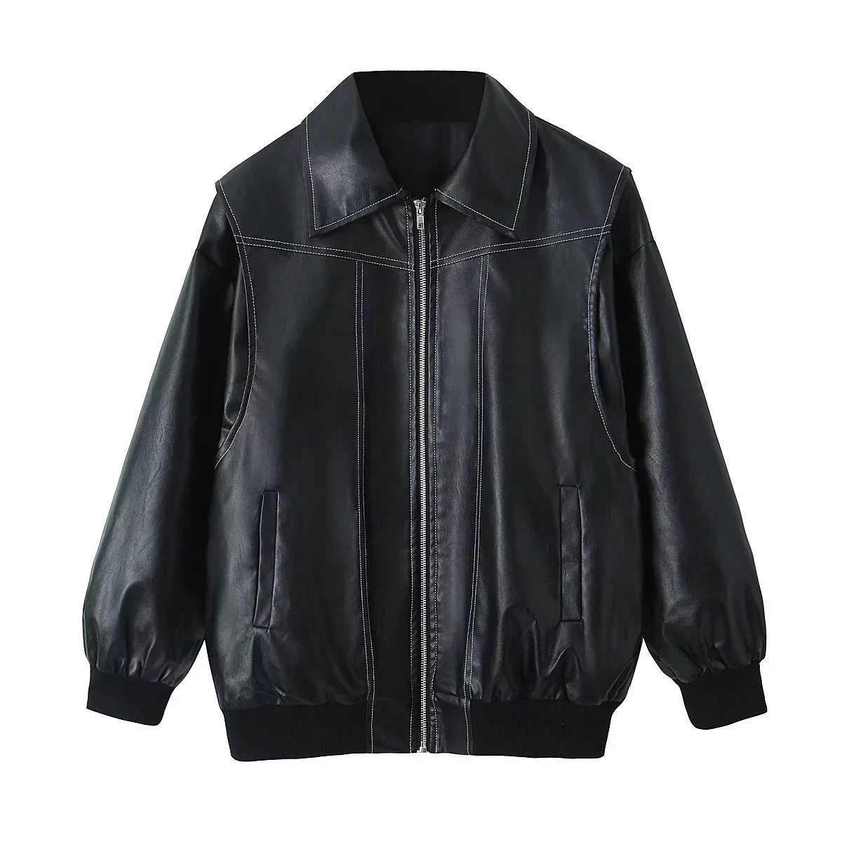 Loose Fashion Lapel Zip-up Jacket Cool Long Sleeve Zipper Closure Moto Biker Leather Jacket Womens Clothing ARZ