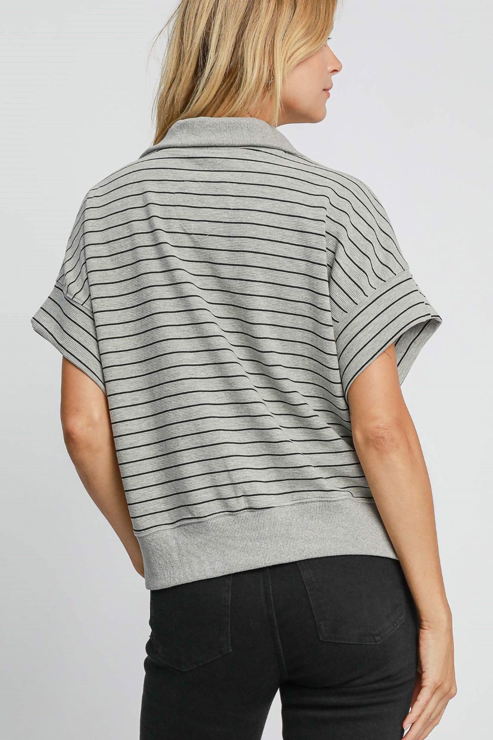 Umgee Striped Half Zip Short Sleeve Sweatshirt Trendsi