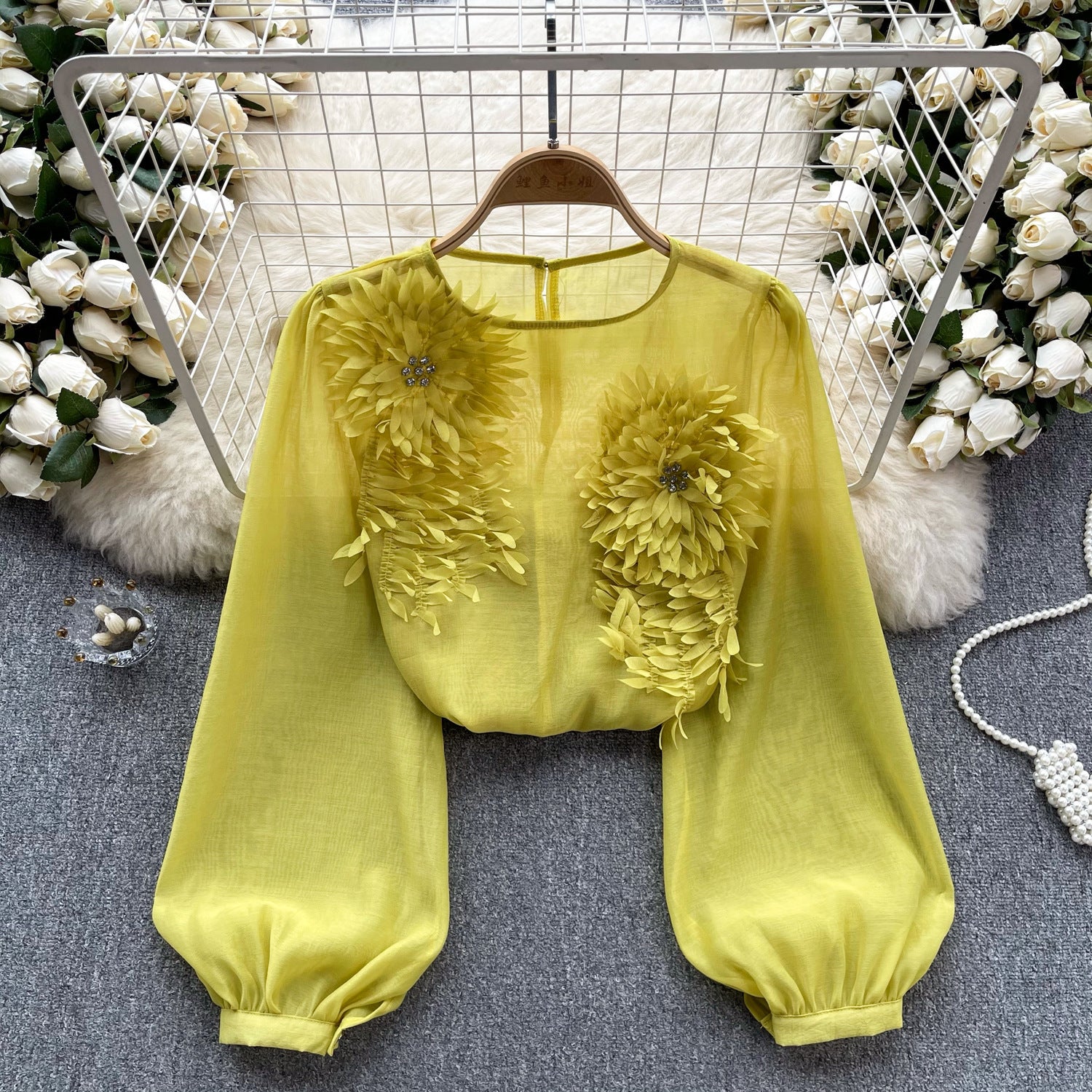 Design Three-dimensional Flower Slim-fit Puff Sleeve Pullover Shirt Women ARZ