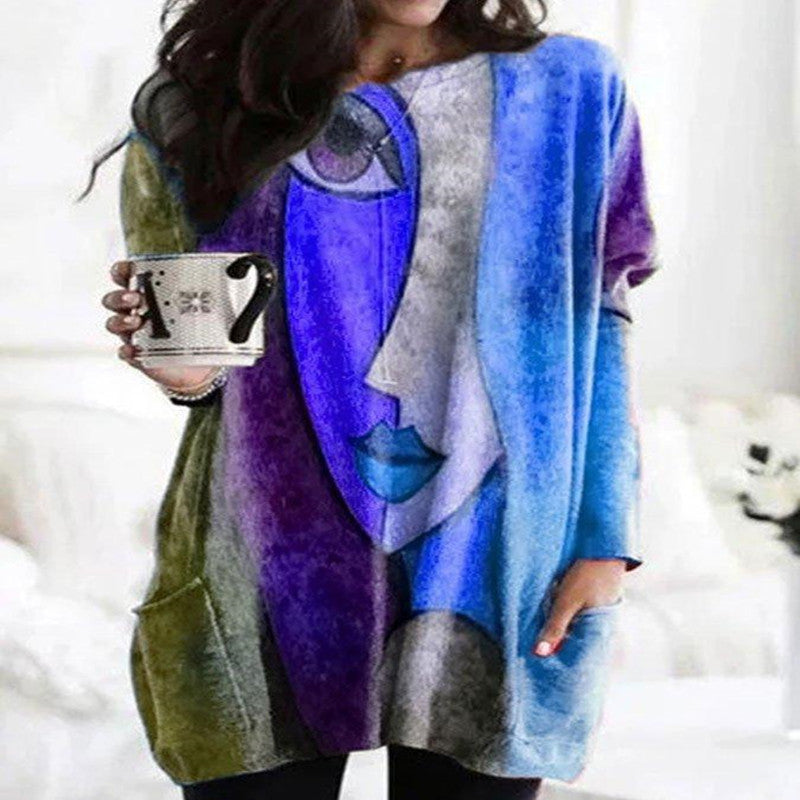 Multicolor Round Neck Abstract Long-Sleeved Tops and Tops ARZ