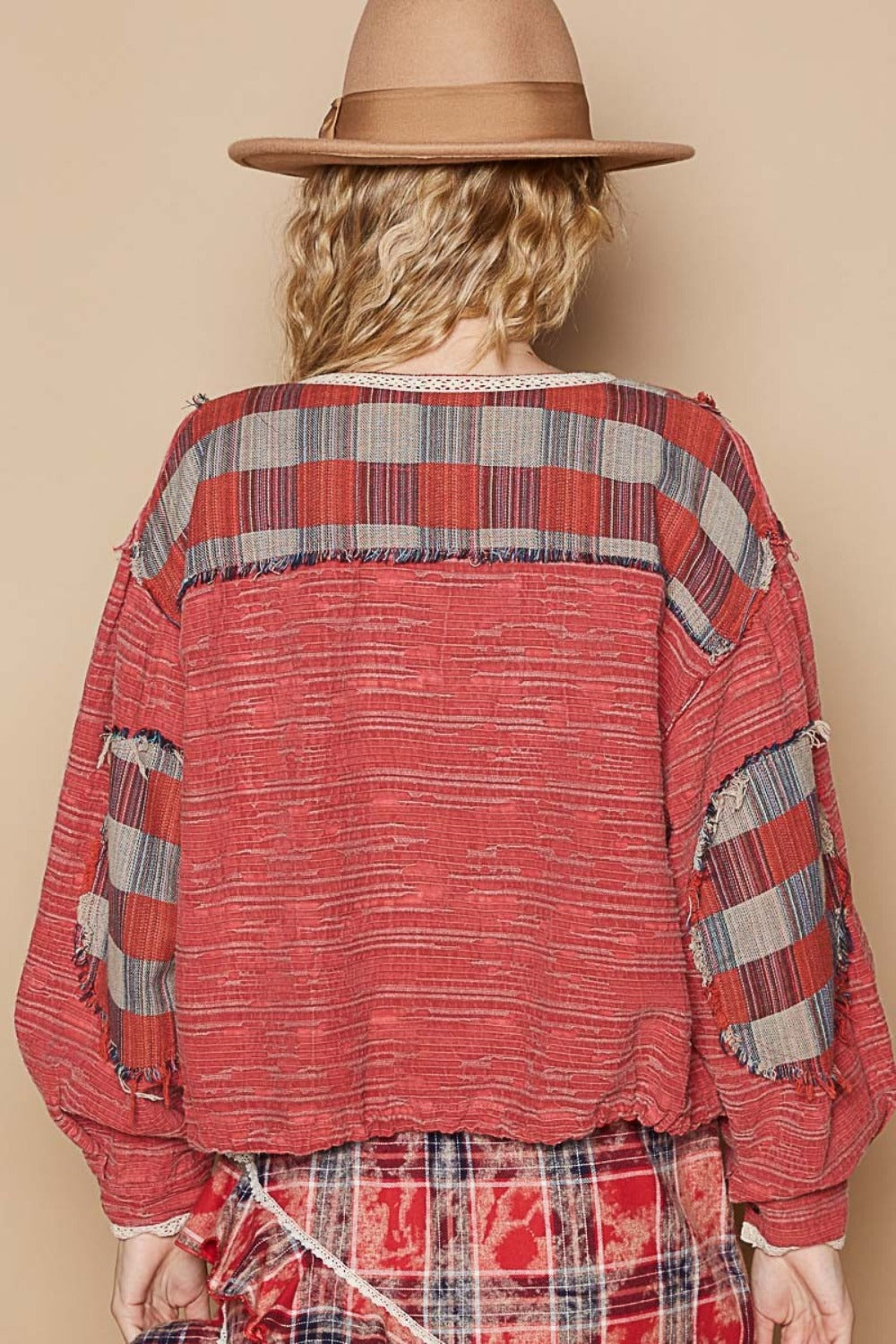 POL Round Neck Long Sleeve Plaid Shirt Trendsi