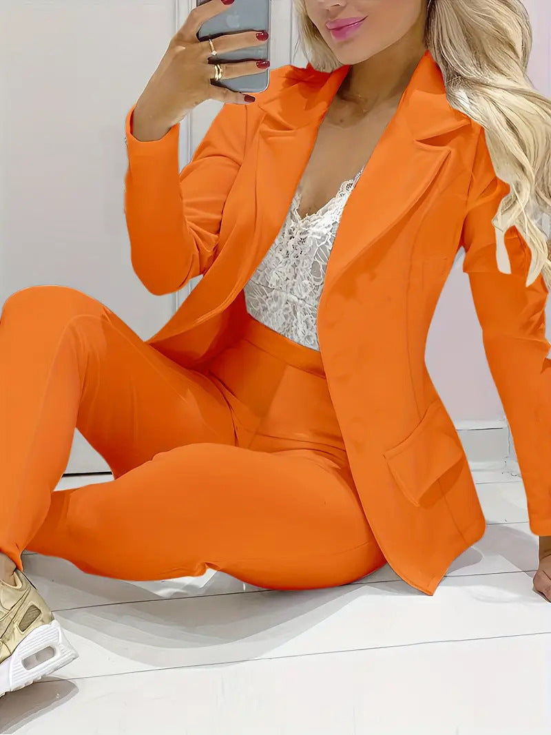 Solid Color Minimalist Long Sleeve Suit Top And Trousers Suit ARZ