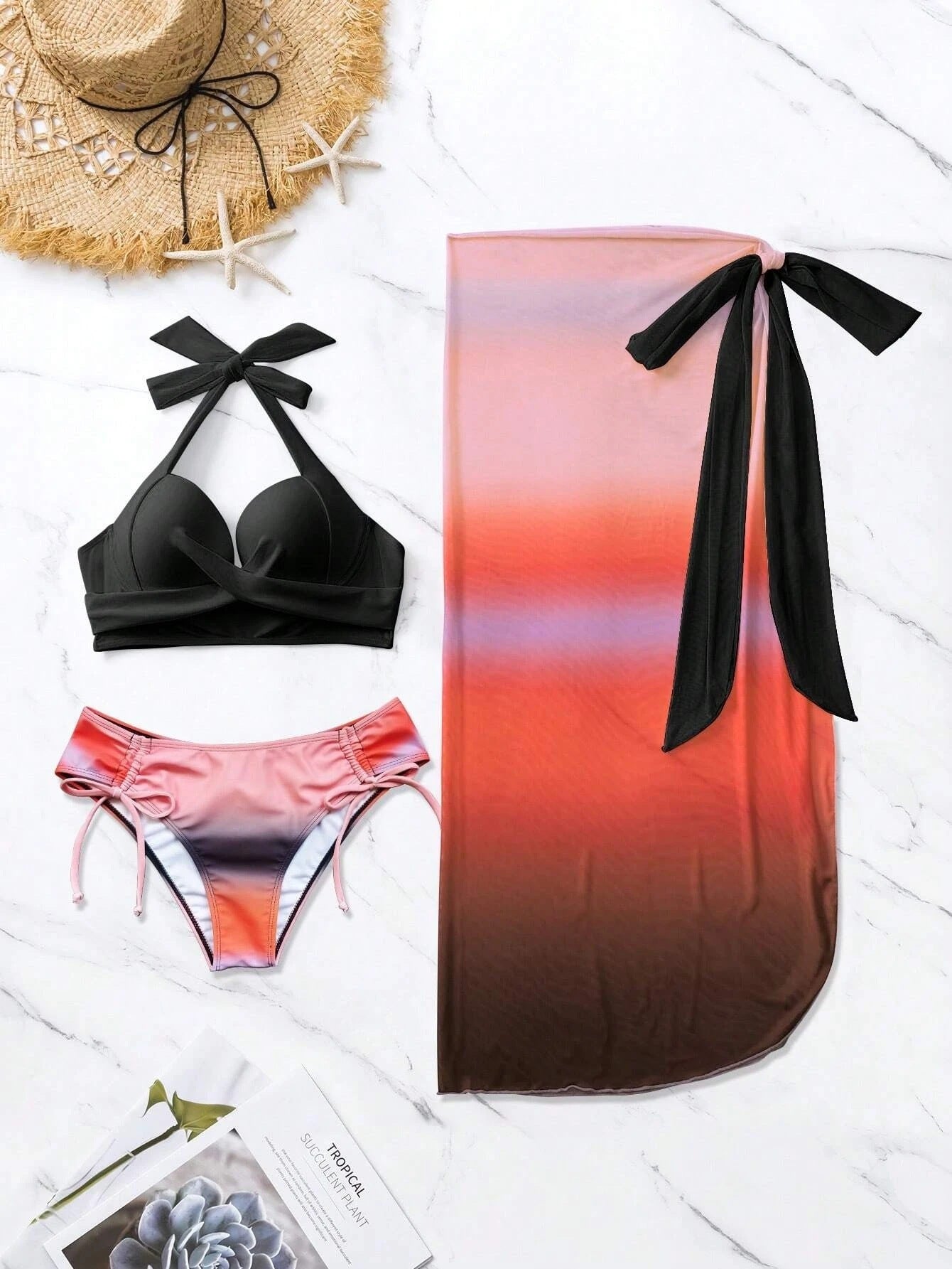 European And American Vacation Style Three Piece Swimsuit Women's Bikini Yarn Skirt Suit ARZ