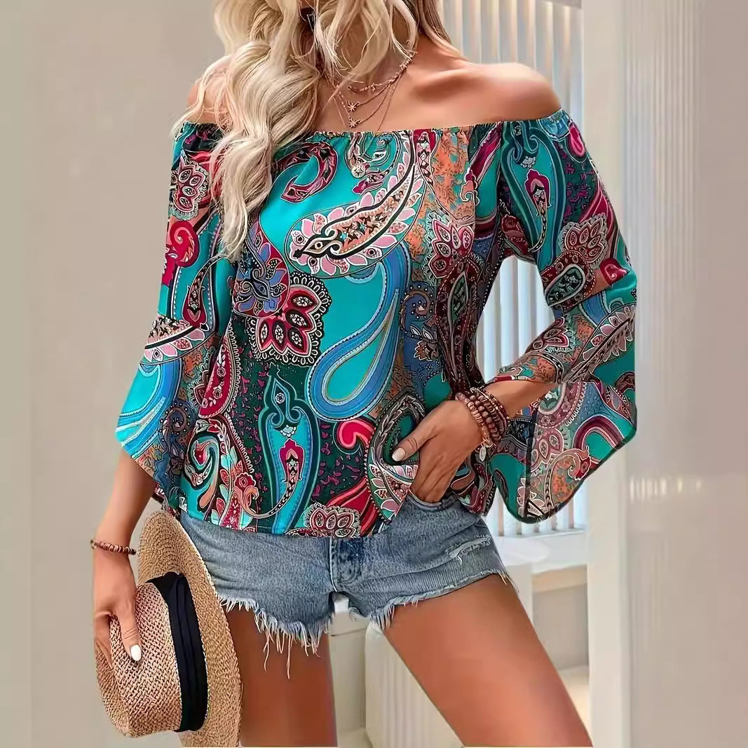 Printed Off-the-shoulder Women's Shirt Elegant Ruffle Sleeve Printed Blouse Sexy ARZ