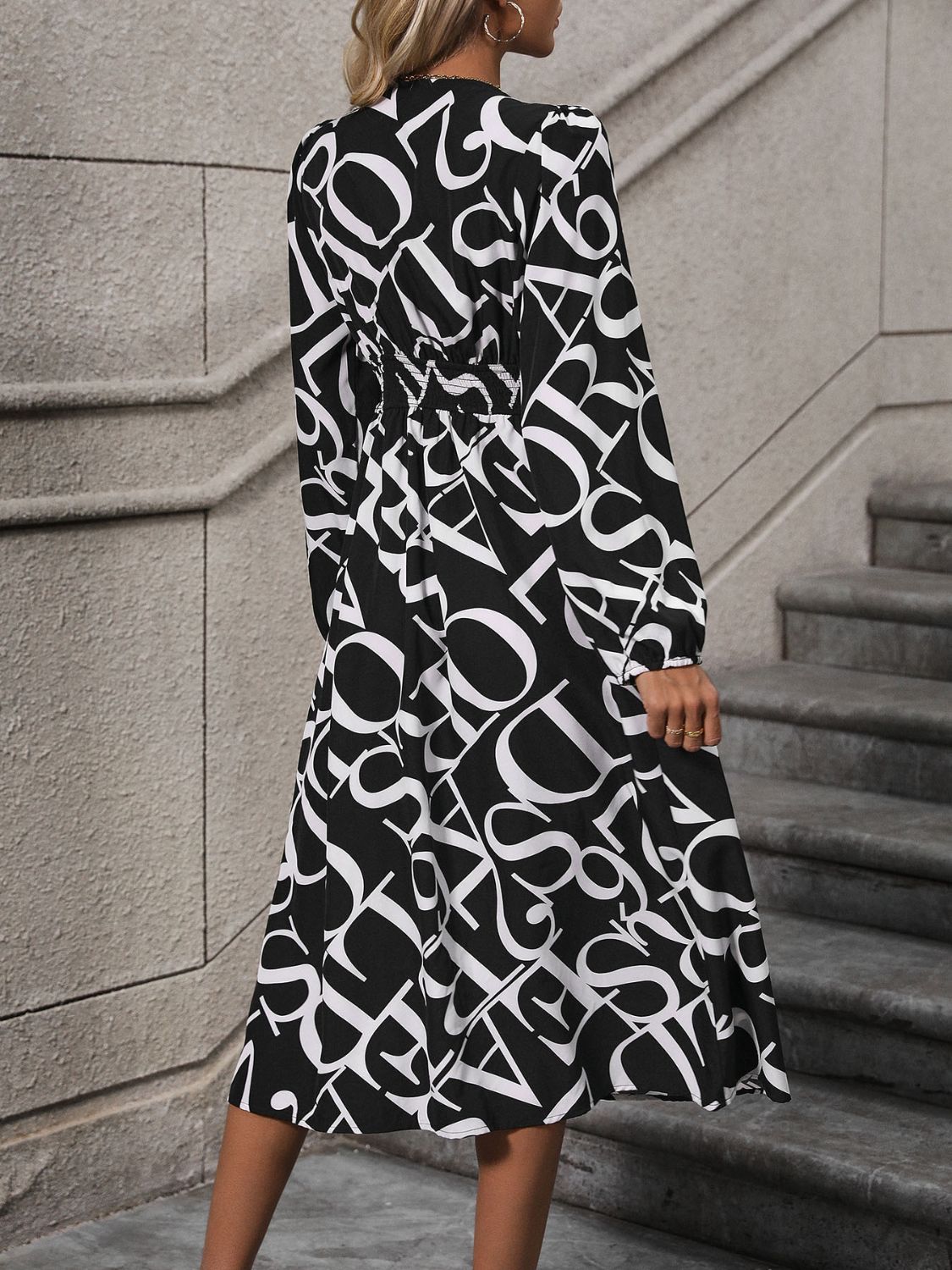 Perfee Printed V-Neck Long Sleeve Midi Dress Trendsi