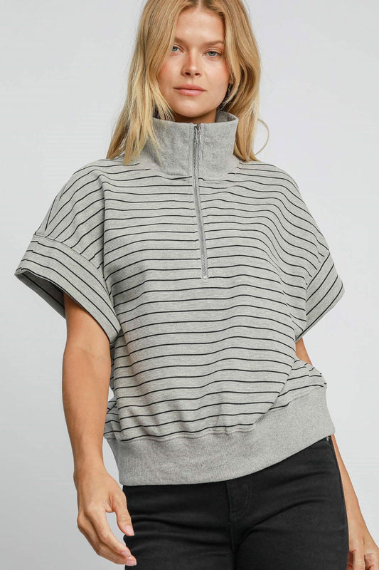 Umgee Striped Half Zip Short Sleeve Sweatshirt Trendsi