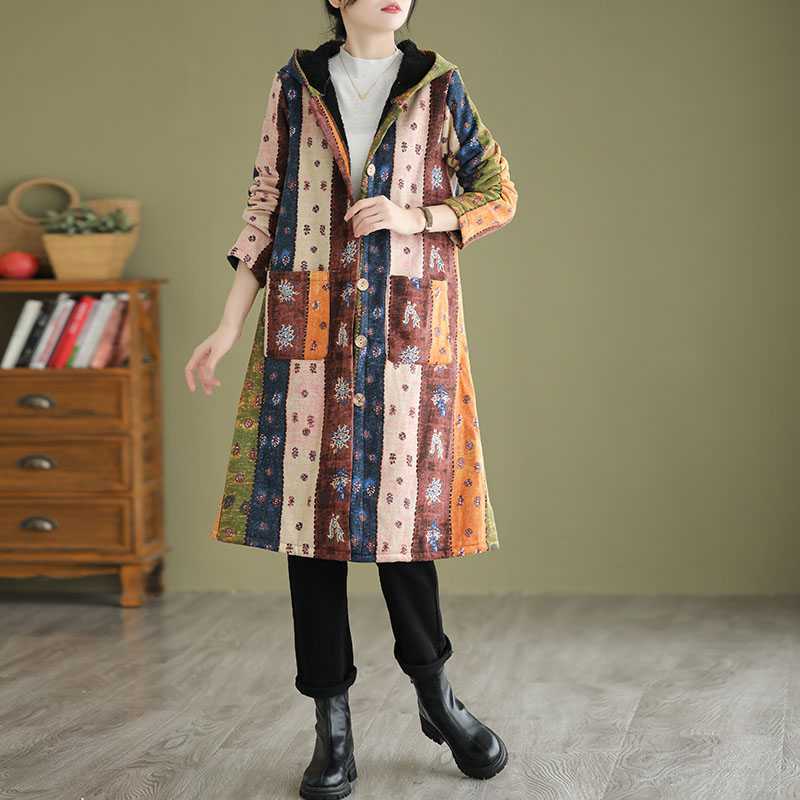 Ethnic Style Fleece-lined Thick Mid-length Trench Coat ARZ