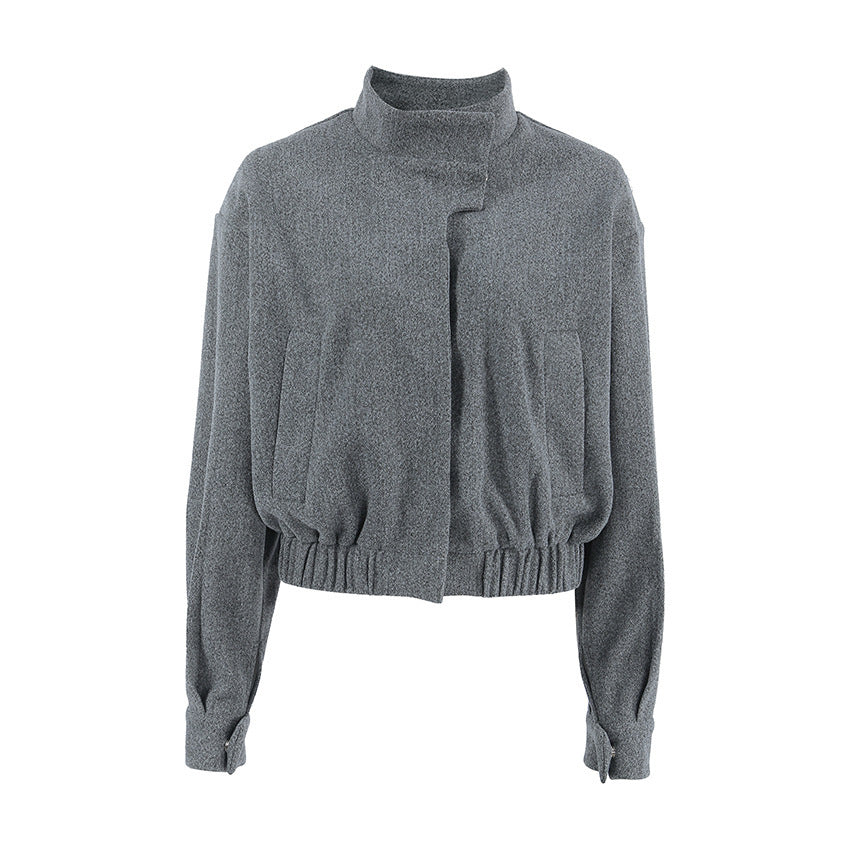 Woolen Small Stand Collar Gray Coat ARZ