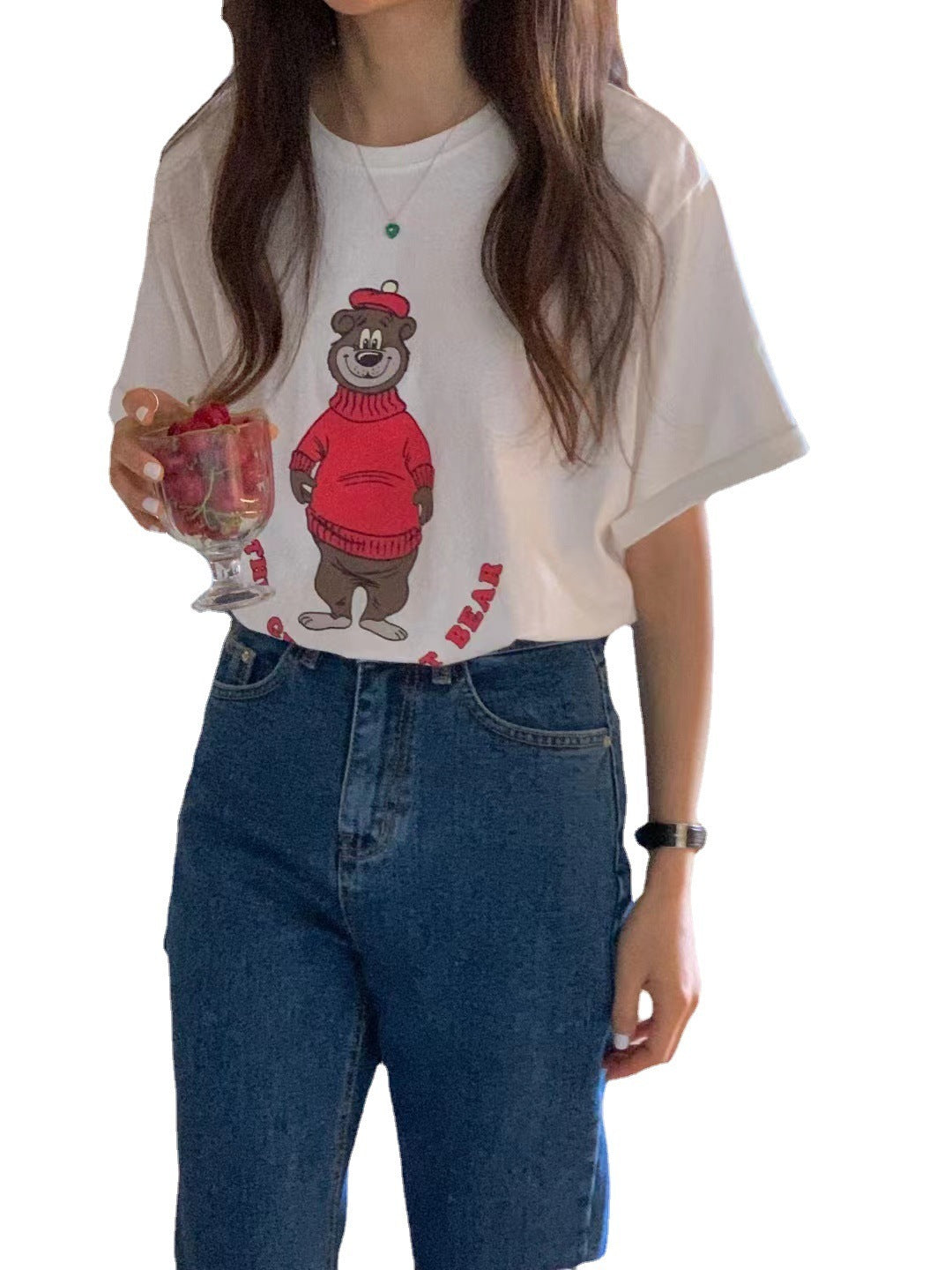 Women's Casual Loose Round Neck Short-sleeved Bear Printed T-shirt ARZ