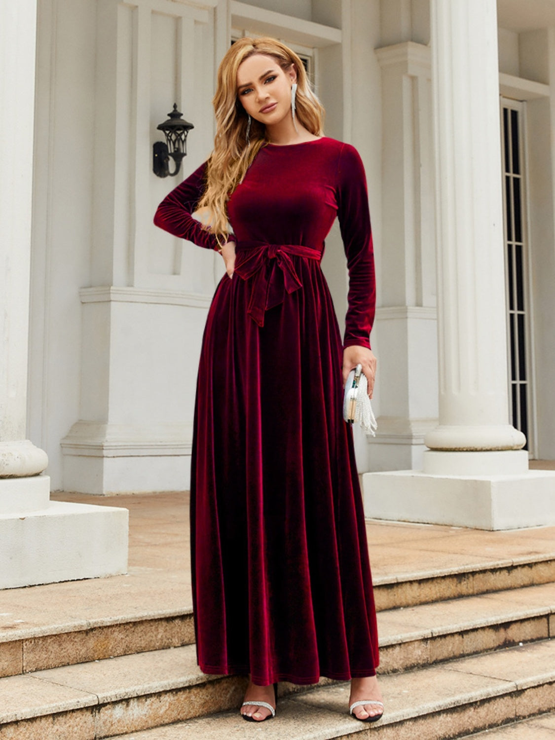 Tie Front Round Neck Long Sleeve Maxi Dress Trendsi