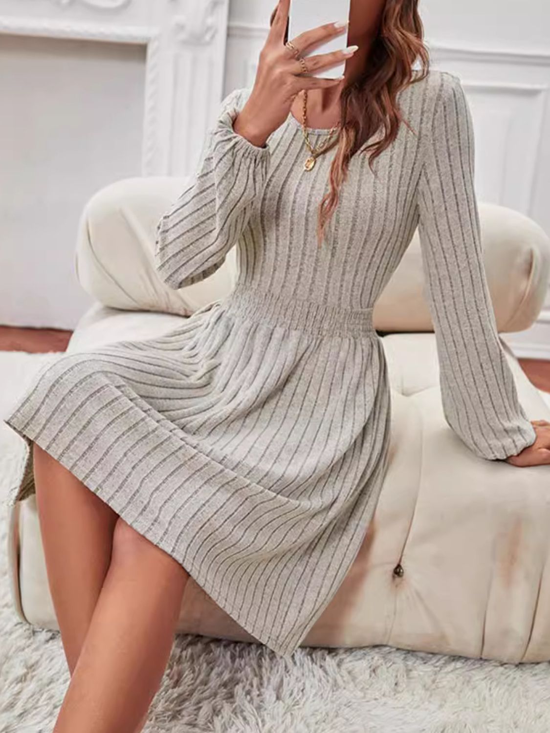 Smocked Round Neck Long Sleeve Knee Length Dress Trendsi