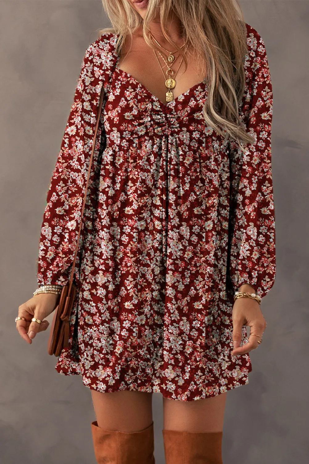 Ruched Printed Long Sleeve Mini Dress Trendsi