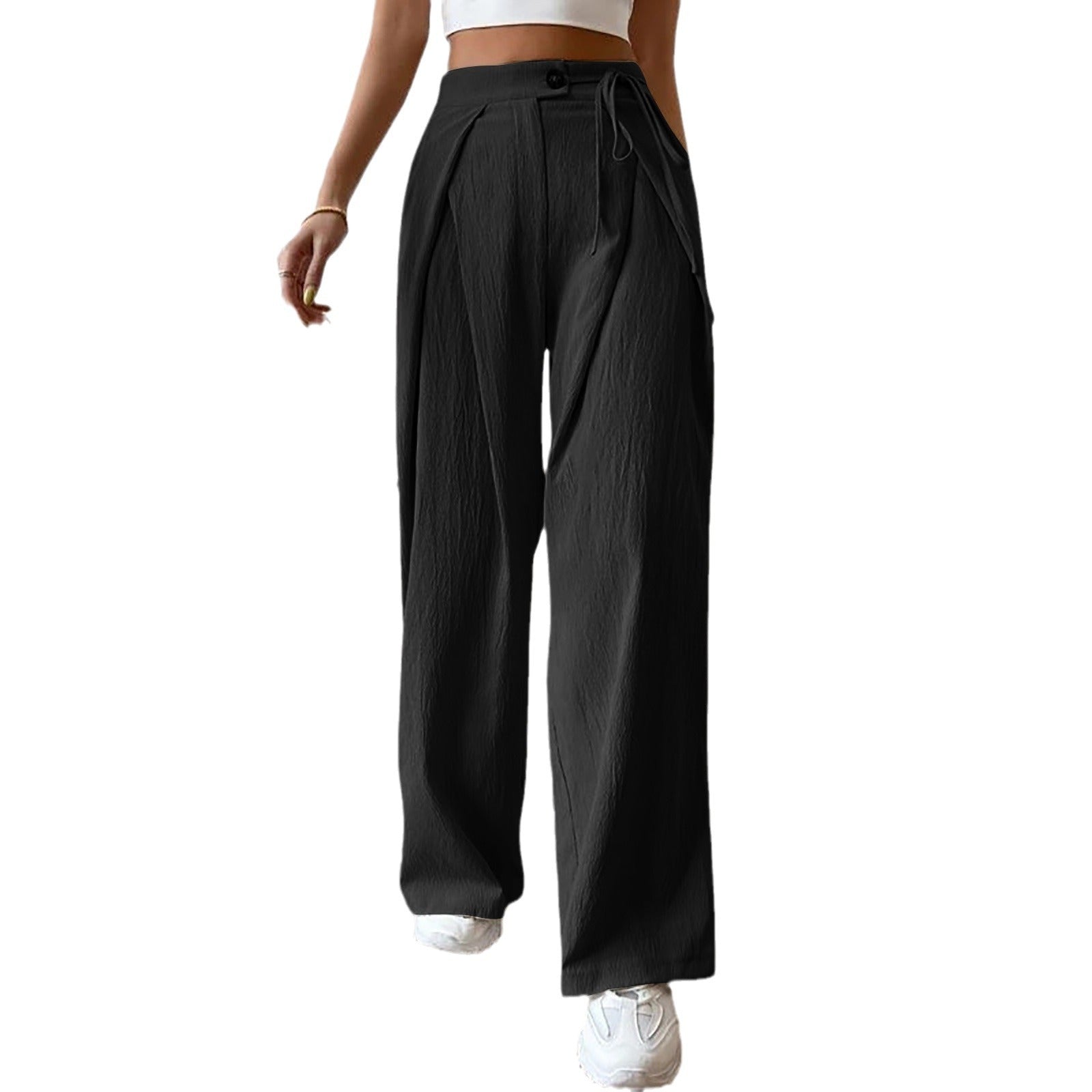 Women's High Waist Drawstring Patchwork Wide-leg Pants Casual Straight Pants ARZ