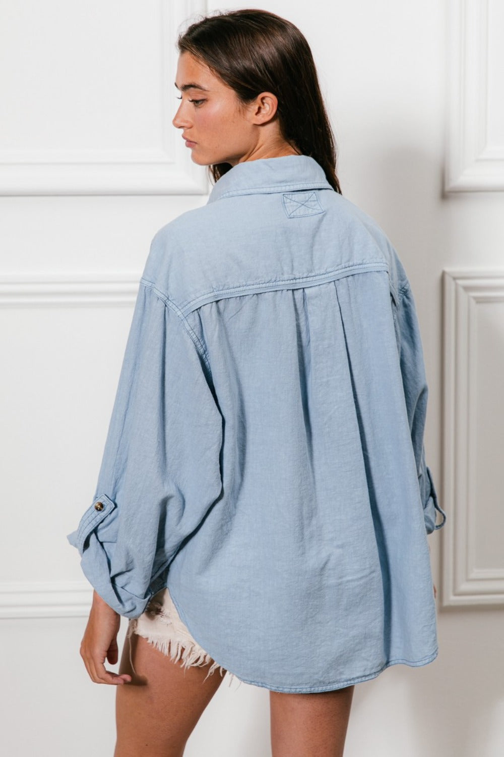 BiBi Button Down Stitch Detail Shirt with Chest Pockets Trendsi