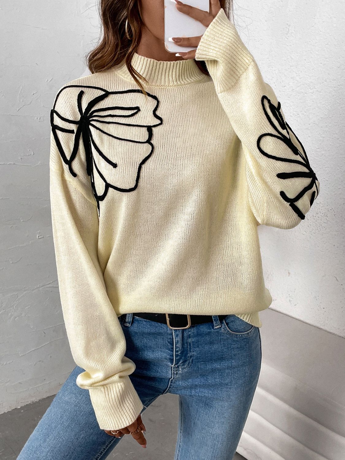 Perfee Mock Neck Dropped Shoulder Long Sleeve Sweater Trendsi