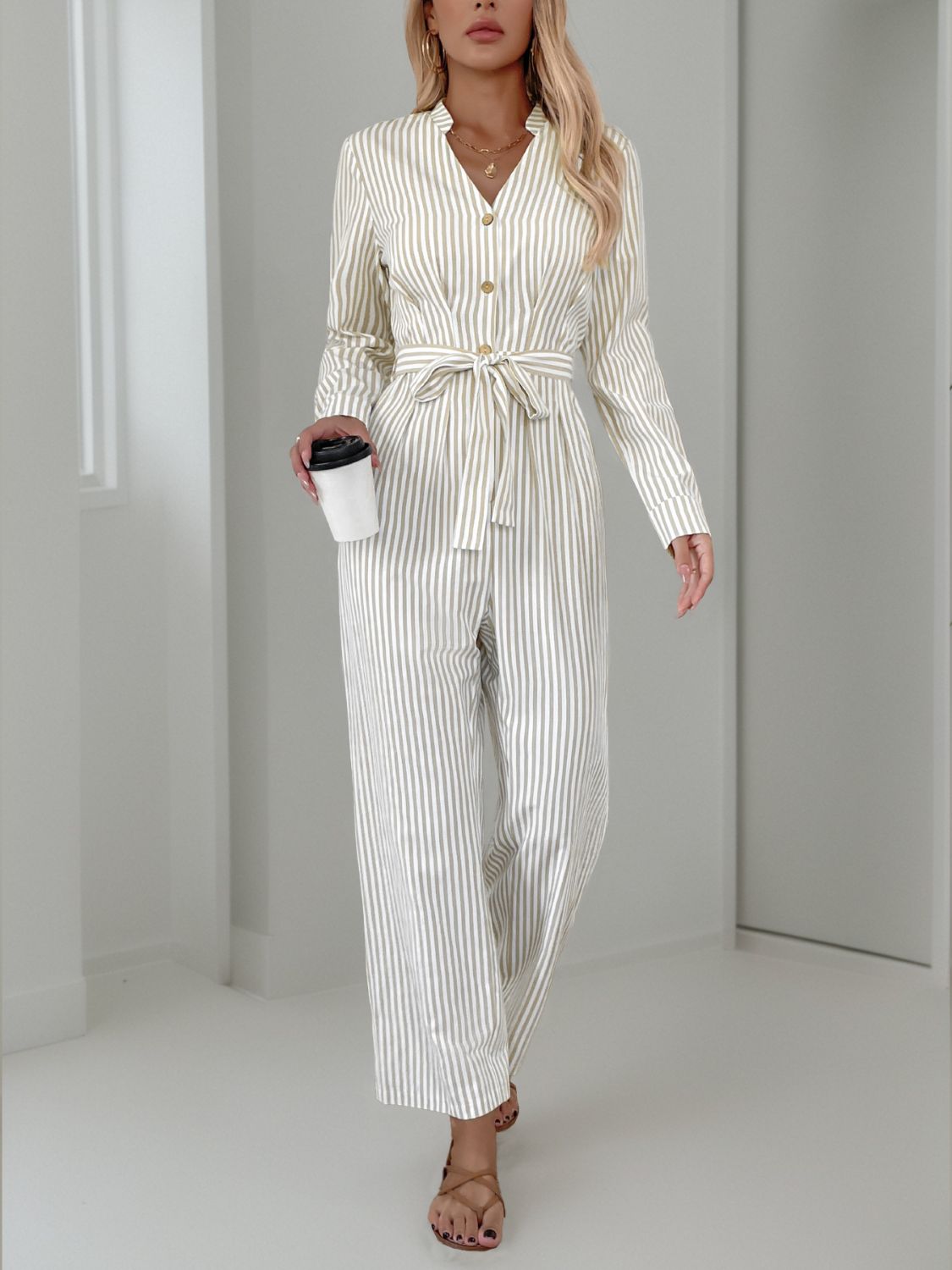 Striped Notched Long Sleeve Tie Waist Jumpsuit Trendsi