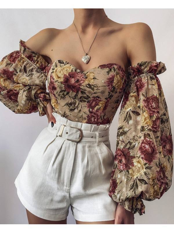 Sexy Off-shoulder Wrapped Chest Printed Lantern Sleeve Chiffon Shirt Blouse ARZ