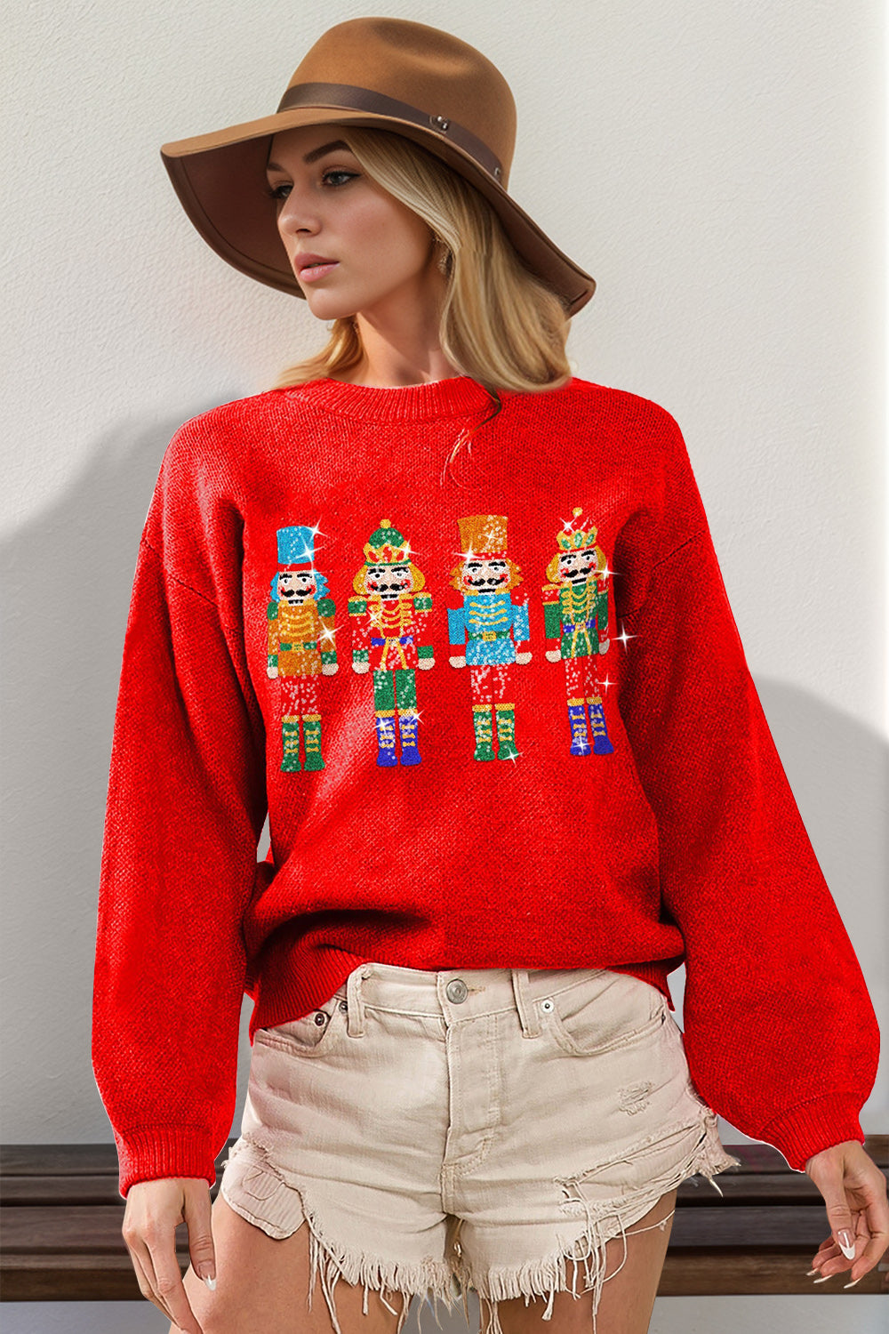 Double Take Full Size Sequin Nutcracker Long Sleeve Sweater Trendsi