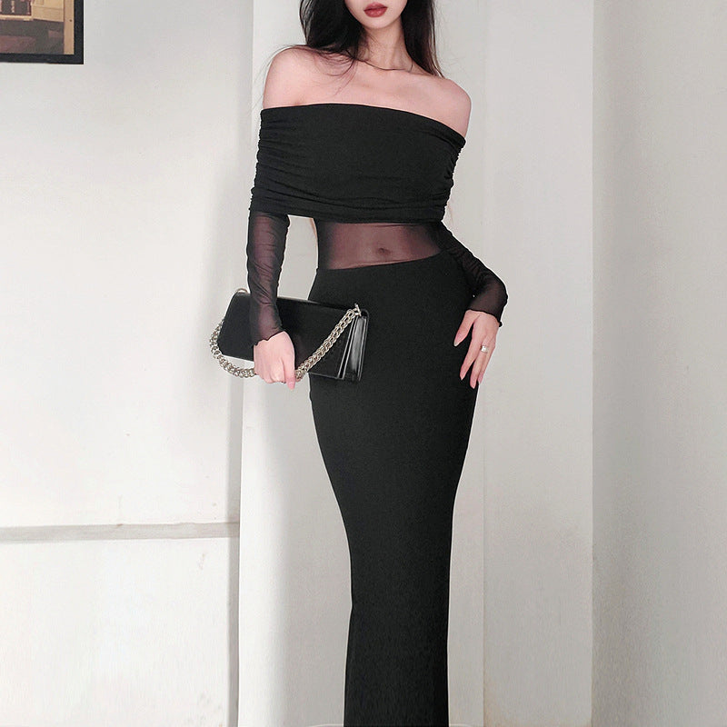 Women's Winter Sexy Off-the-shoulder Pleated Long Sleeve Polyester Dress ARZ