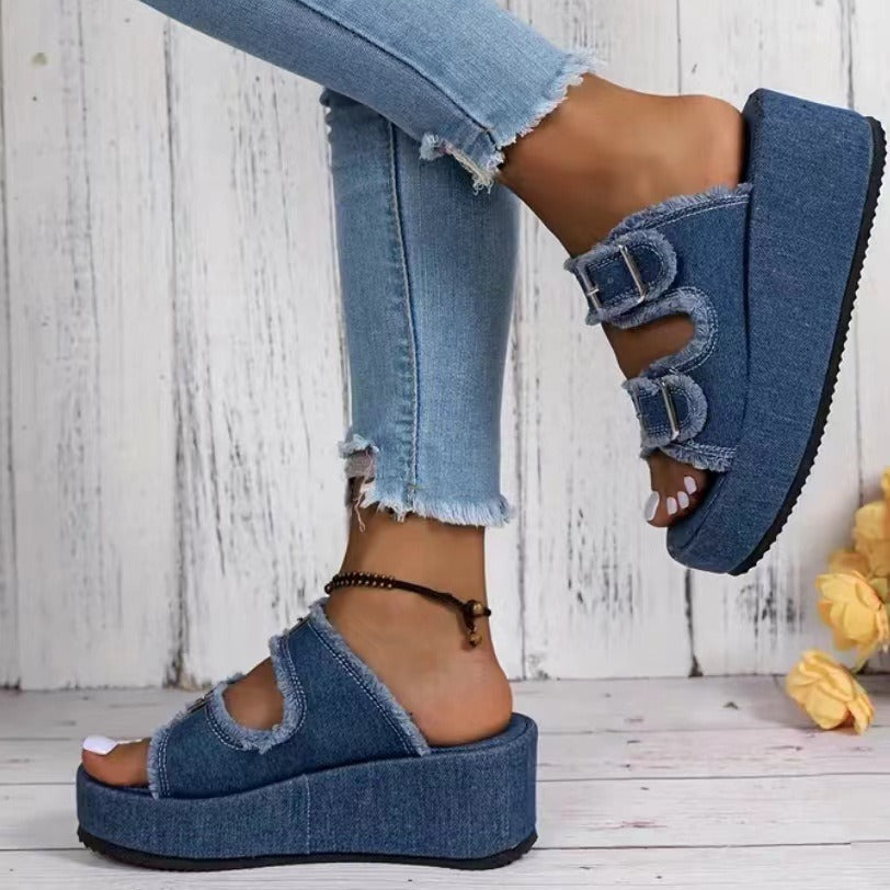 Fashion Denim Buckle Wedges Sandals Summer Outdoor High Heel Slippers Thick Bottom Camouflage Shoes For Women ARZ