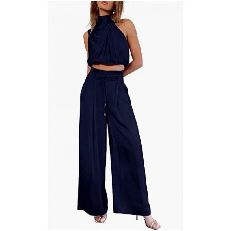 Summer Suits Casual Sleeveless Midriff-baring Top And Wide Leg Pants 2pcs Set Womens Clothing ARZ