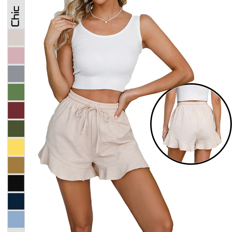 Cotton Linen Shorts Ruffled Elastic Waist Drawstring Casual Pants ARZ