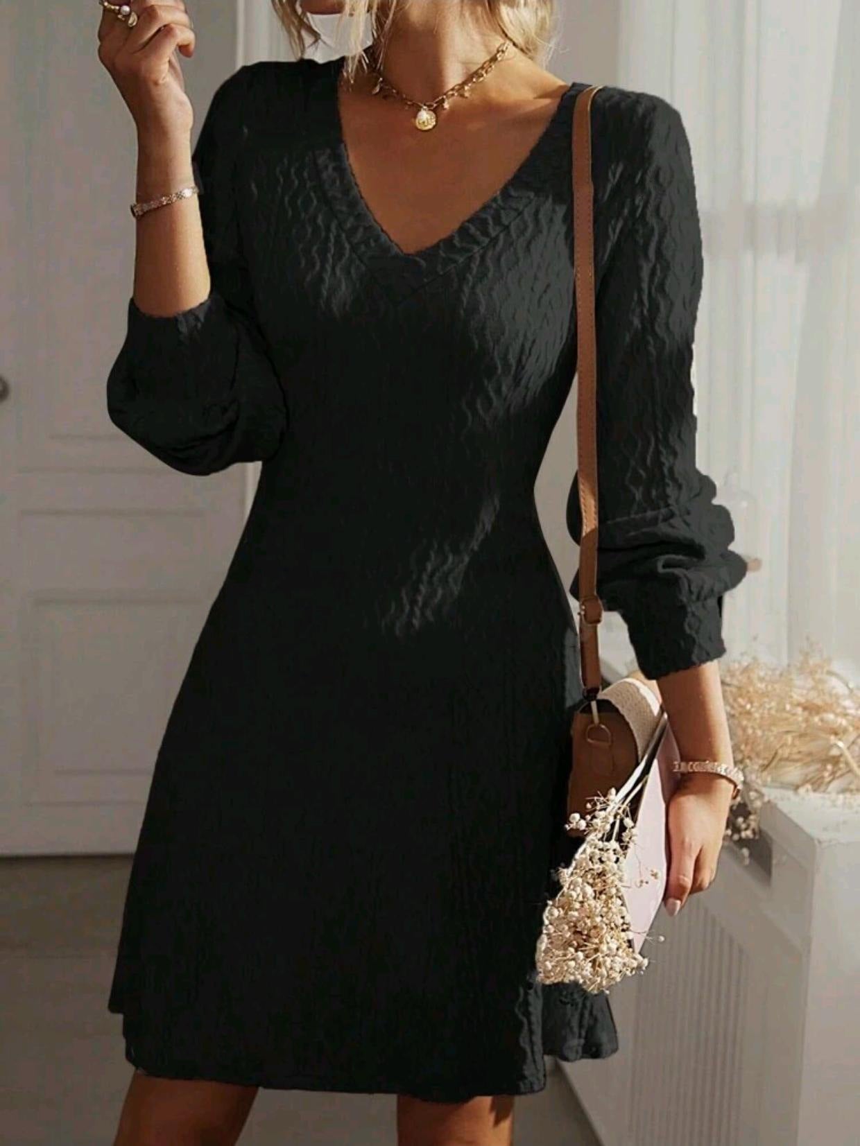 V-neck Textured Long Sleeve Elegant Dress ARZ