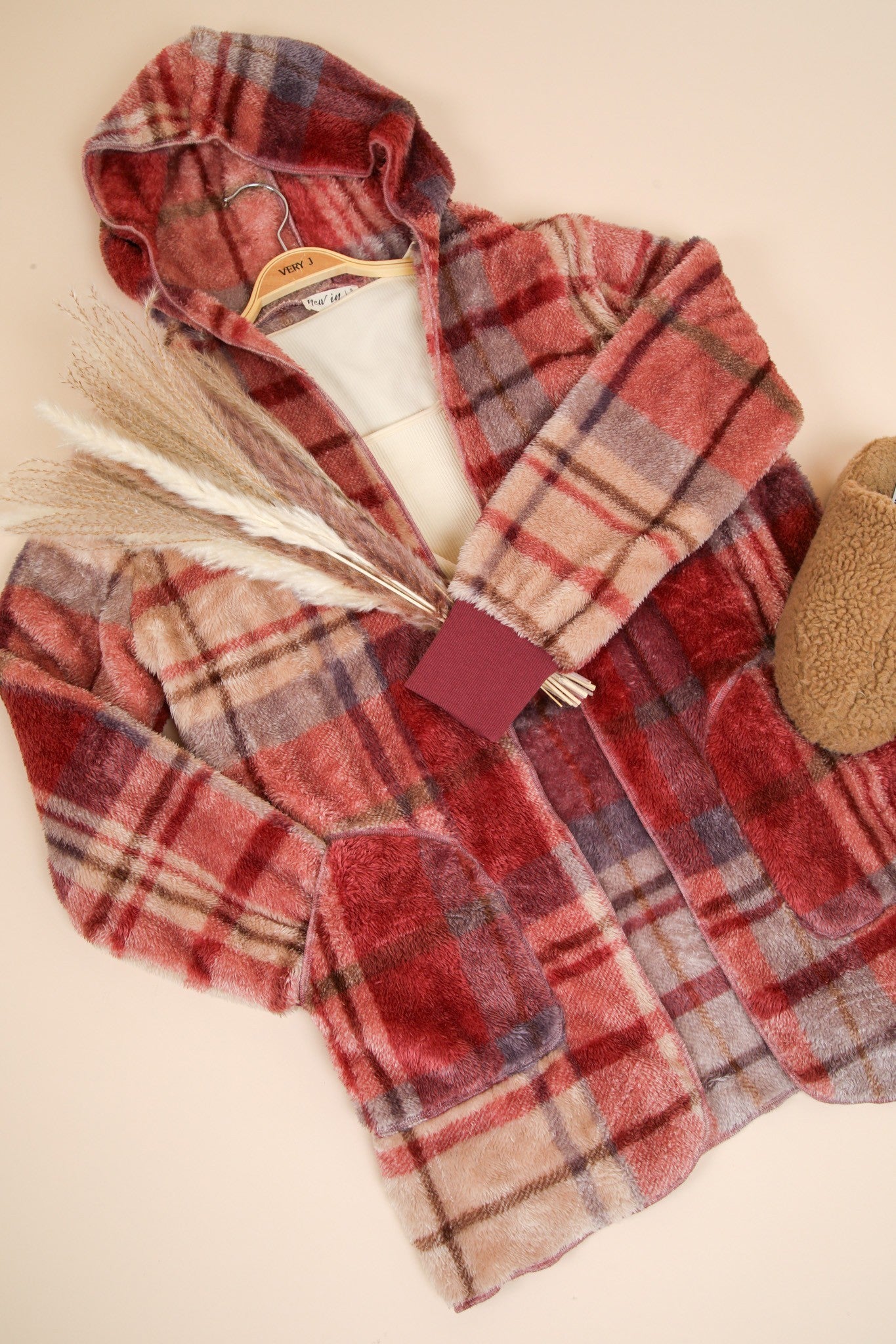 VERY J Fuzzy Plaid Long Sleeve Hooded Jacket Trendsi