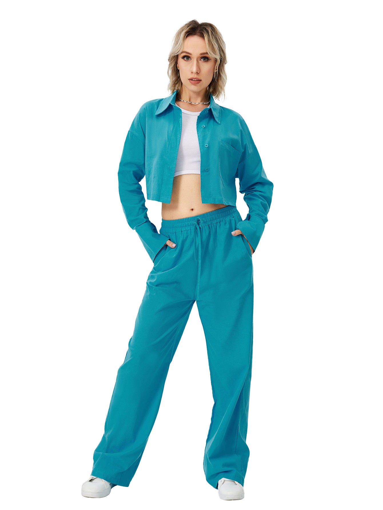 Women Two Piece Outfits For Women Long Sleeve Button Down Wide Leg Loungewear Pajama Set ARZ