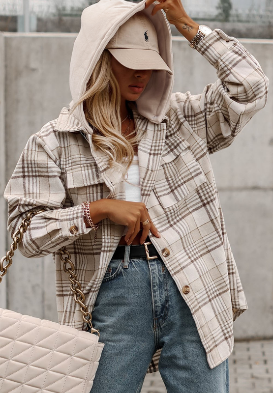 Plaid Removable Hood Button Up Shacket Trendsi