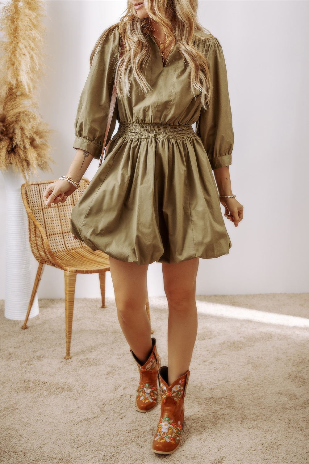 Johnny Collar Three-Quarter Sleeve Dress Trendsi