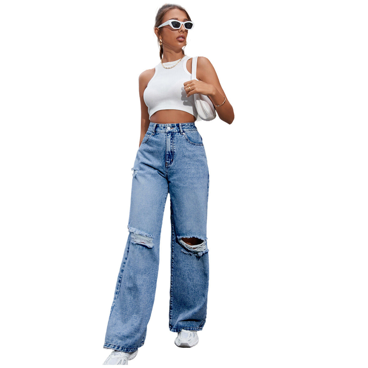 Women's Fashion Holes High Waist Casual Denim Trousers ARZ