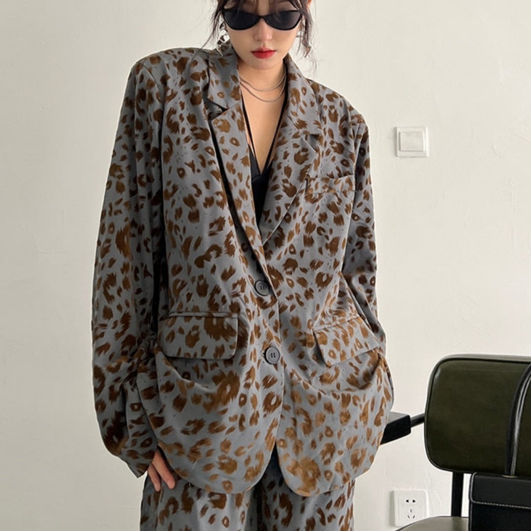 Leopard Print Casual High-end Temperament Suit Wide Leg Pants Two-piece Suit ARZ