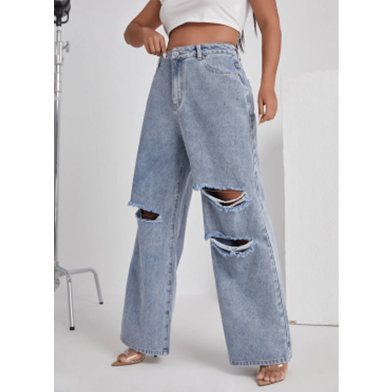 Women's Denim With Hole High Waist Straight-leg Pants ARZ