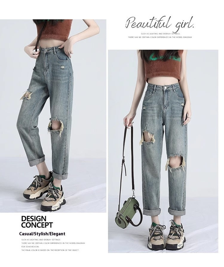 Ripped Daddy Jeans For Women Spring And Autumn 2024 New High Waist Loose Small ARZ