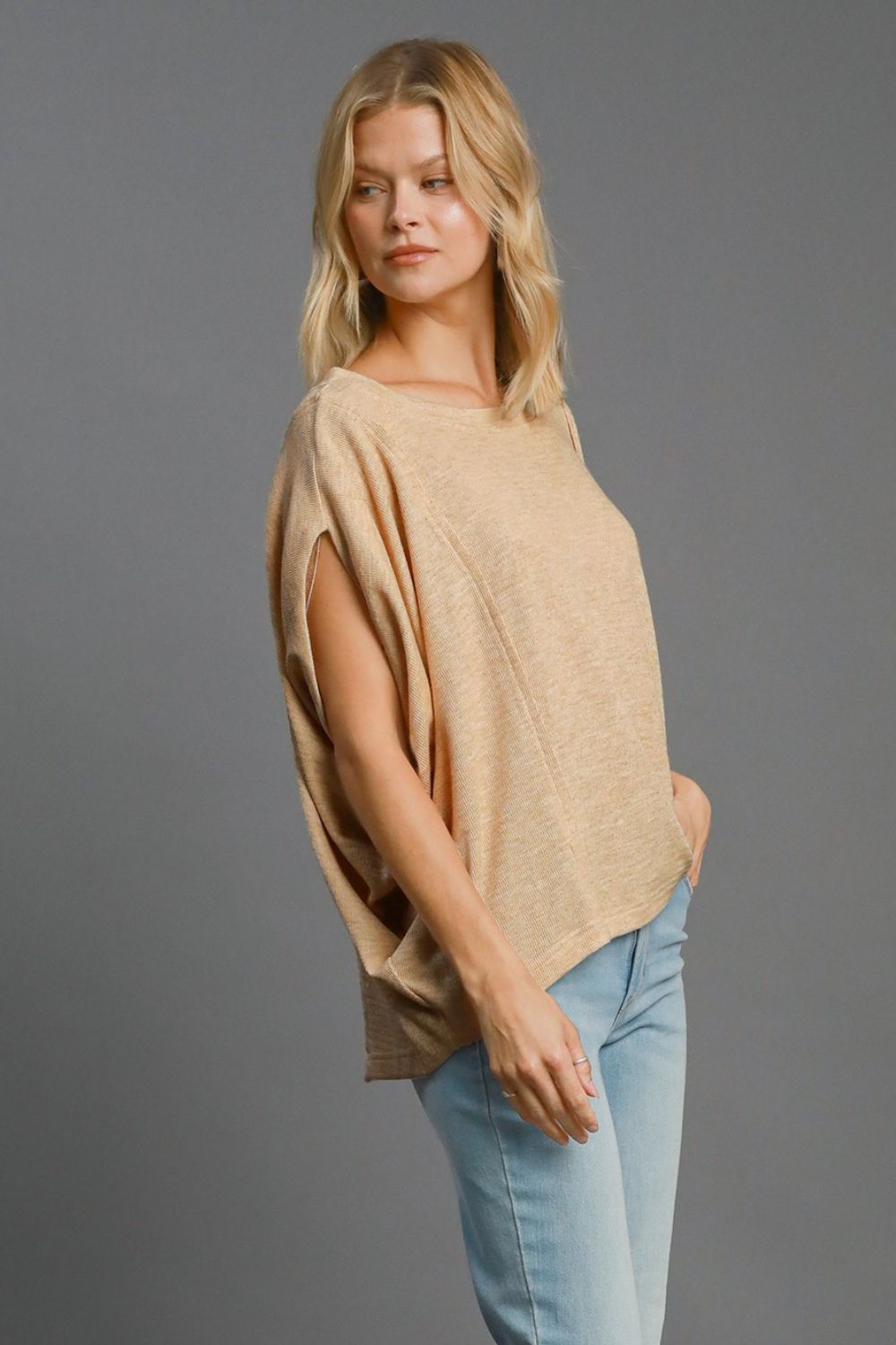 Umgee Exposed Seam Round Neck Batwing Sleeve Knit Top Trendsi