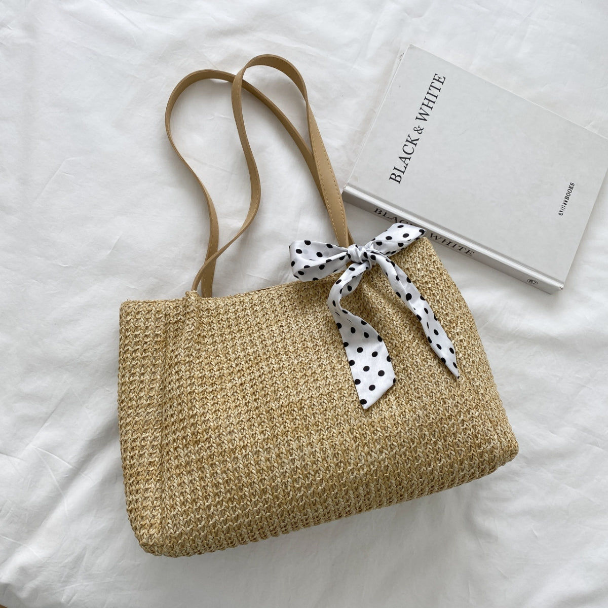 Straw Woven Leather Strap Handbag Trendsi