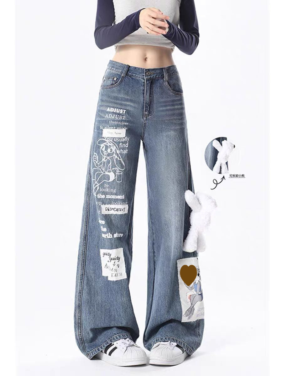 Cartoon Rabbit Print Loose Straight Casual Wide-leg Pants ARZ