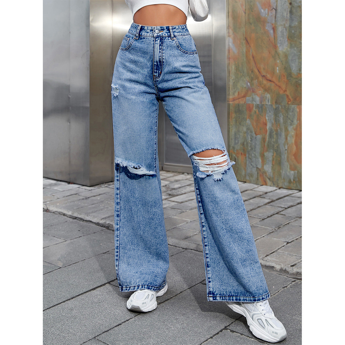 Women's Fashion Holes High Waist Casual Denim Trousers ARZ