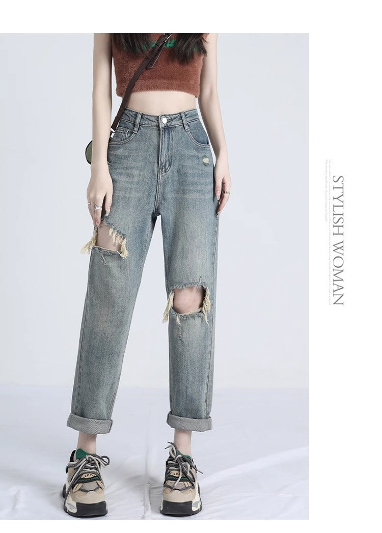 Ripped Daddy Jeans For Women Spring And Autumn 2024 New High Waist Loose Small ARZ