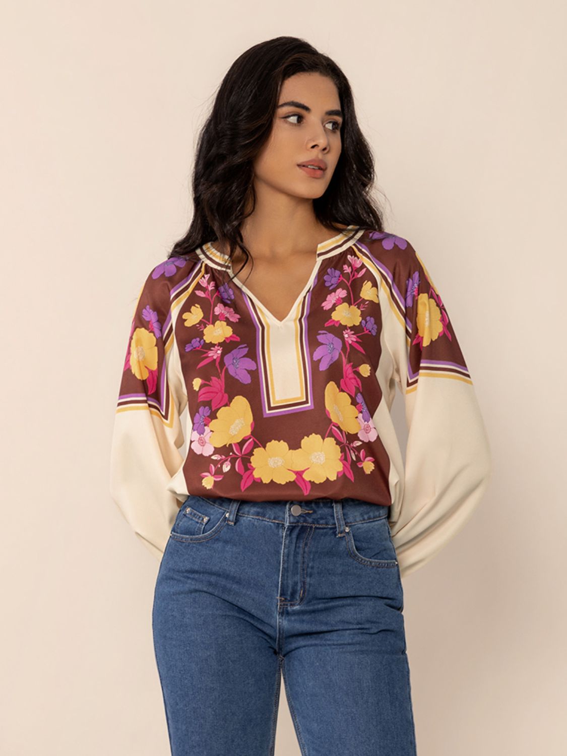 Printed Notched Long Sleeve Blouse Trendsi